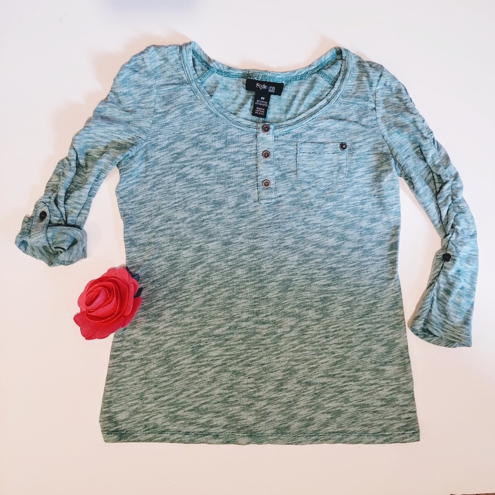 Teal Heathered 3/4 ruched sleeve top- Style & Co.